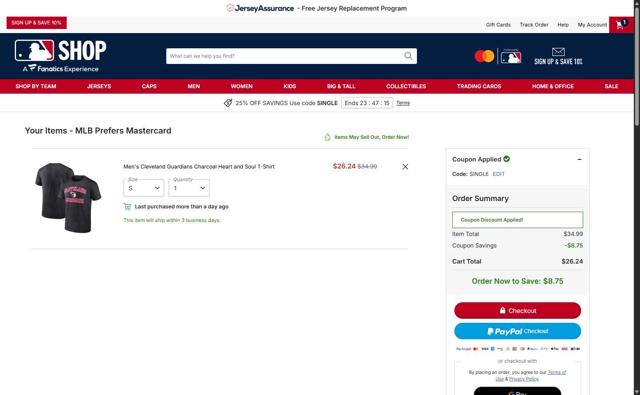 Cleveland Guardians checkout page showing Cleveland Guardians coupon code box | Screenshot taken by SimplyCodes community member on Sep 10, 2025