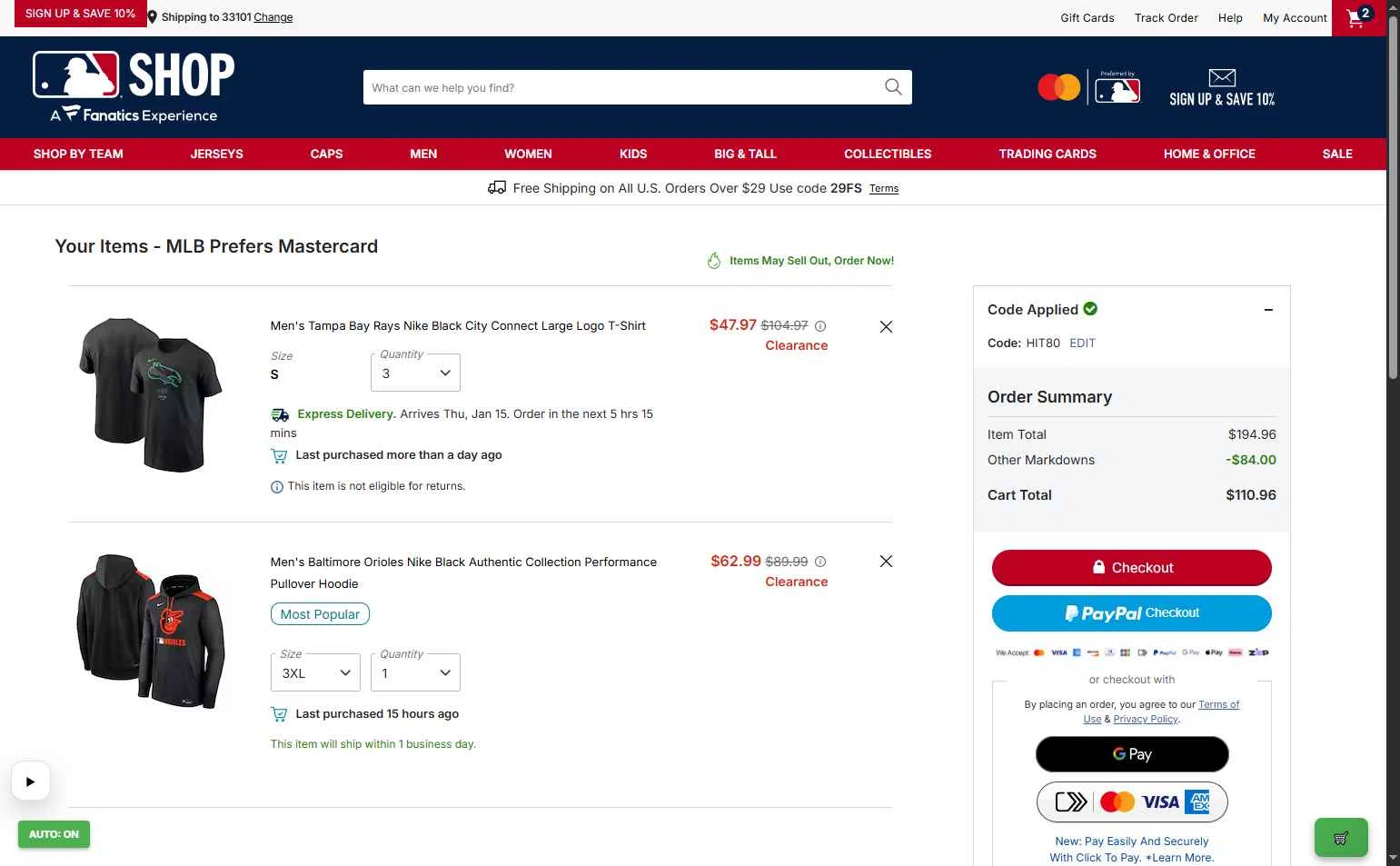 Cleveland Guardians checkout page showing Cleveland Guardians coupon code box | Screenshot taken by SimplyCodes community member on Jan 12, 2026