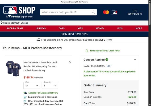 Cleveland Guardians checkout page showing Cleveland Guardians coupon code box | Screenshot taken by SimplyCodes community member on Sep 2, 2025