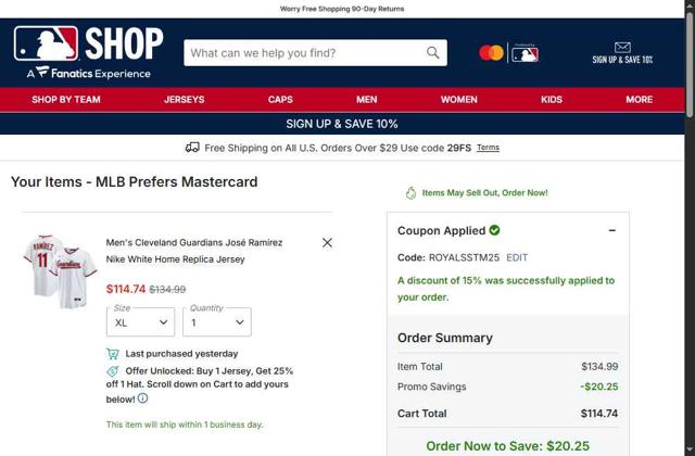 Cleveland Guardians checkout page showing Cleveland Guardians coupon code box | Screenshot taken by SimplyCodes community member on Sep 7, 2025