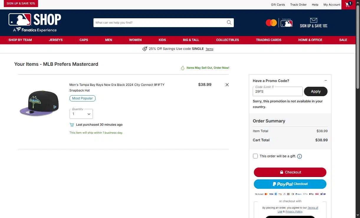 Cleveland Guardians checkout page showing Cleveland Guardians coupon code box | Screenshot taken by SimplyCodes community member on Jan 15, 2026