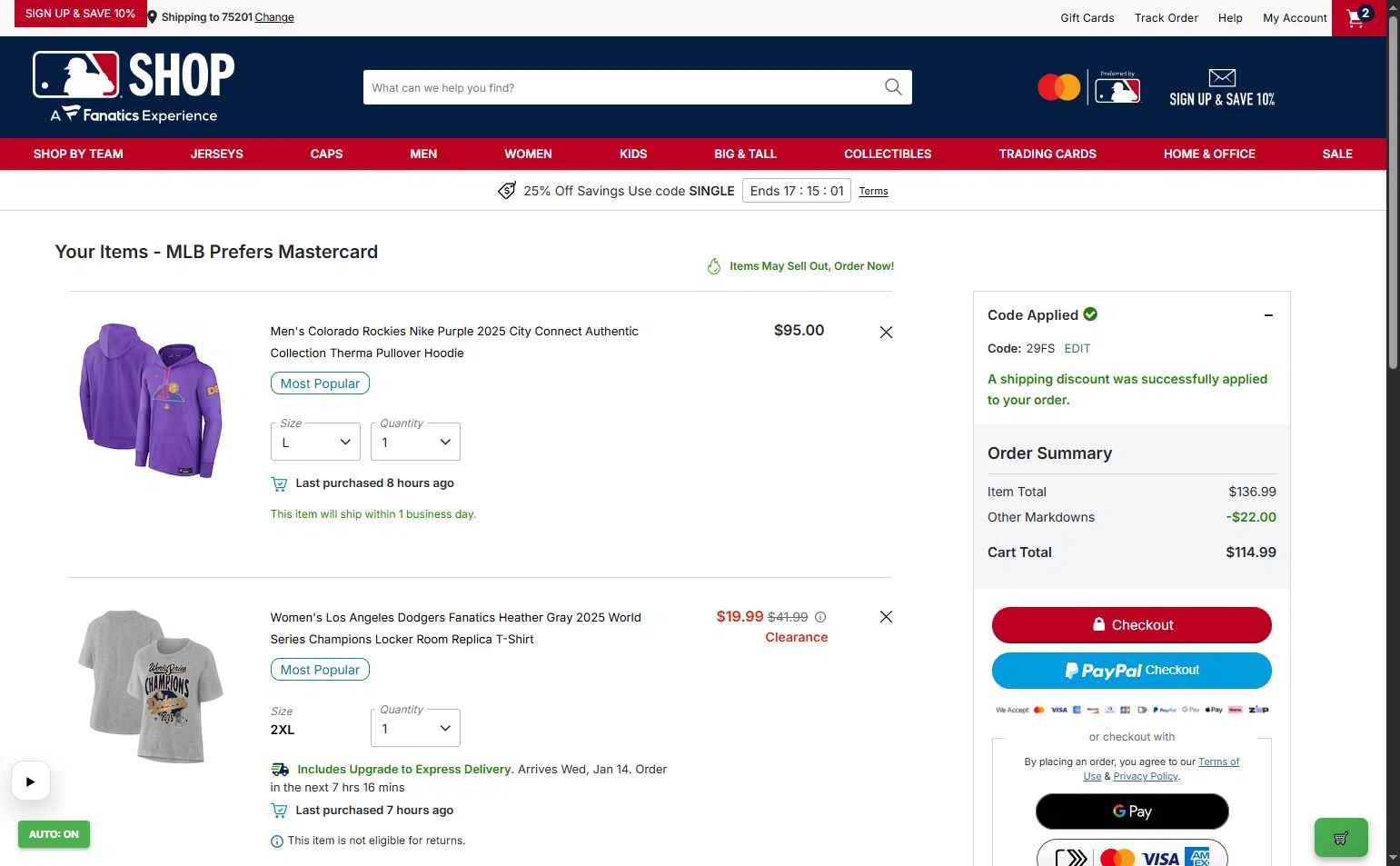 Cleveland Guardians checkout page showing Cleveland Guardians coupon code box | Screenshot taken by SimplyCodes community member on Jan 9, 2026