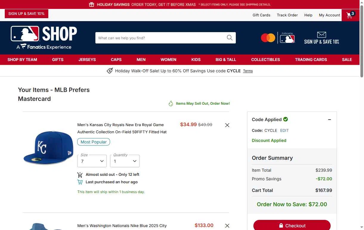 Cleveland Guardians checkout page showing Cleveland Guardians coupon code box | Screenshot taken by SimplyCodes community member on Dec 19, 2025