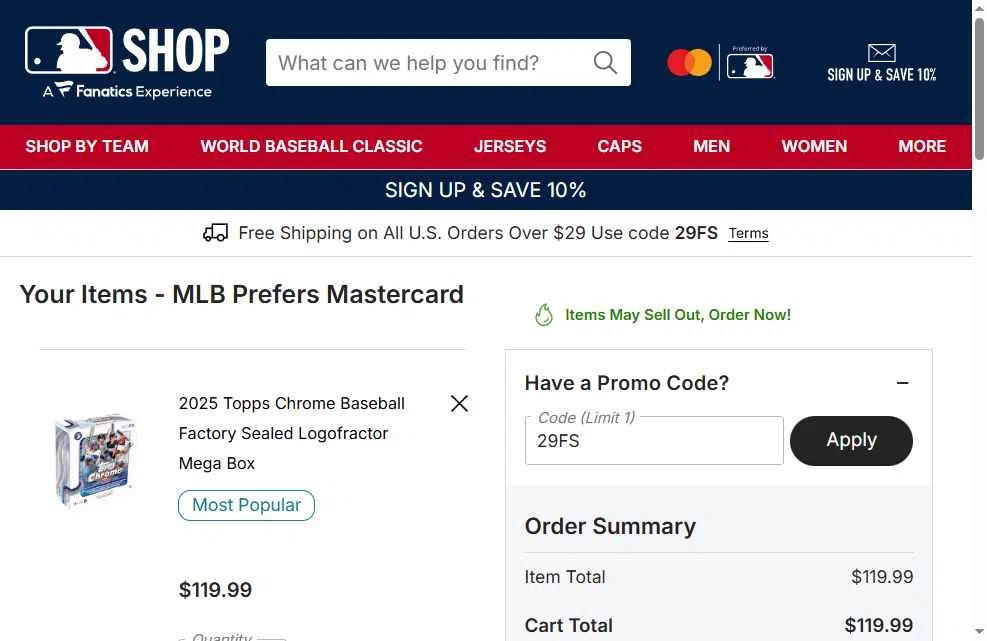 Cleveland Guardians checkout page showing Cleveland Guardians coupon code box | Screenshot taken by SimplyCodes community member on Jan 27, 2026