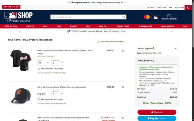 Cleveland Guardians checkout page showing Cleveland Guardians coupon code box | Screenshot taken by SimplyCodes community member on Oct 3, 2025