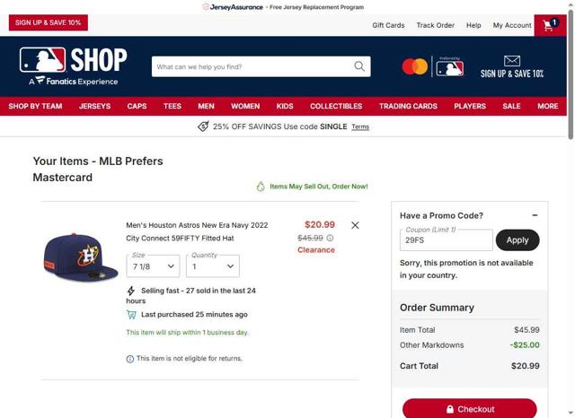 Cleveland Guardians checkout page showing Cleveland Guardians coupon code box | Screenshot taken by SimplyCodes community member on Oct 5, 2025