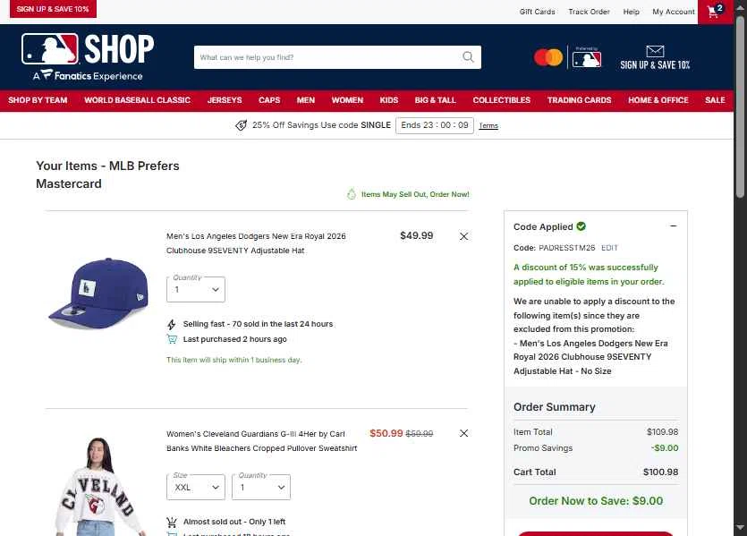 Cleveland Guardians checkout page showing Cleveland Guardians coupon code box | Screenshot taken by SimplyCodes community member on Feb 24, 2026