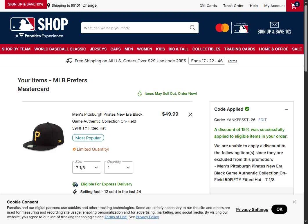 Cleveland Guardians checkout page showing Cleveland Guardians coupon code box | Screenshot taken by SimplyCodes community member on Feb 12, 2026