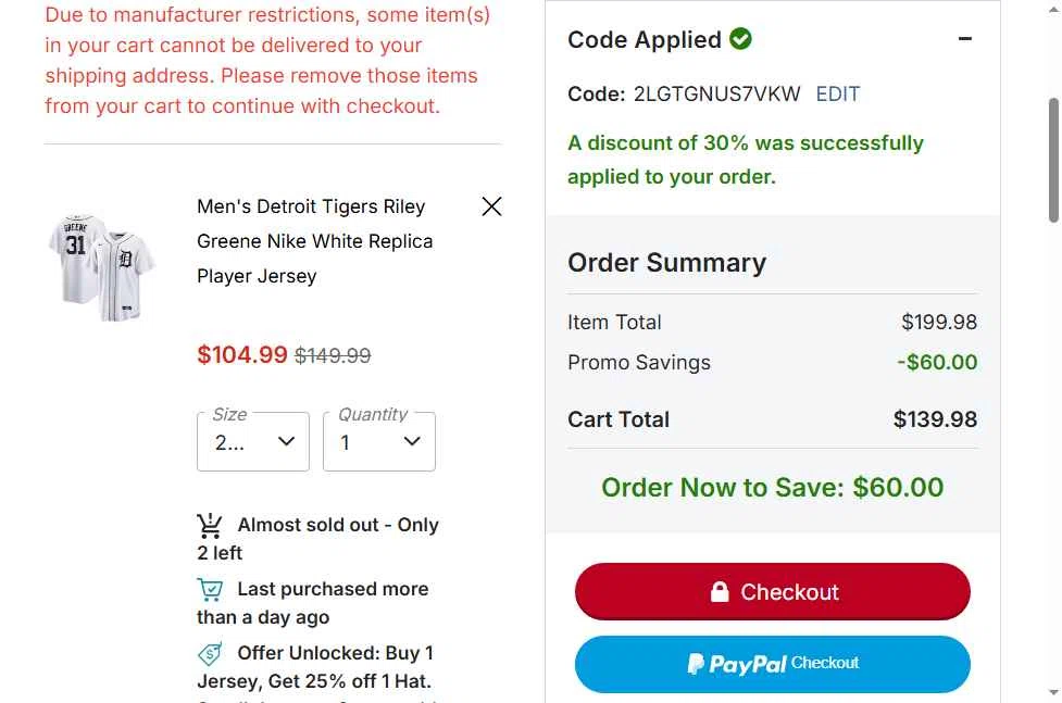 Cleveland Guardians checkout page showing Cleveland Guardians coupon code box | Screenshot taken by SimplyCodes community member on Feb 2, 2026