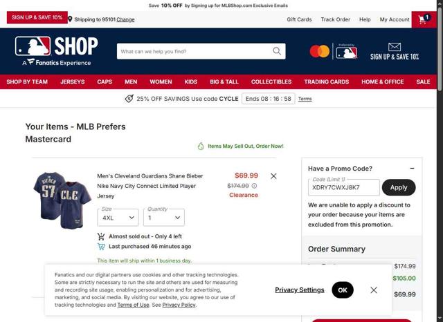 Cleveland Guardians checkout page showing Cleveland Guardians coupon code box | Screenshot taken by SimplyCodes community member on Sep 10, 2025
