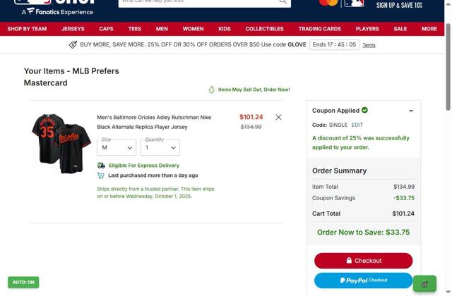 Cleveland Guardians checkout page showing Cleveland Guardians coupon code box | Screenshot taken by SimplyCodes community member on Sep 30, 2025