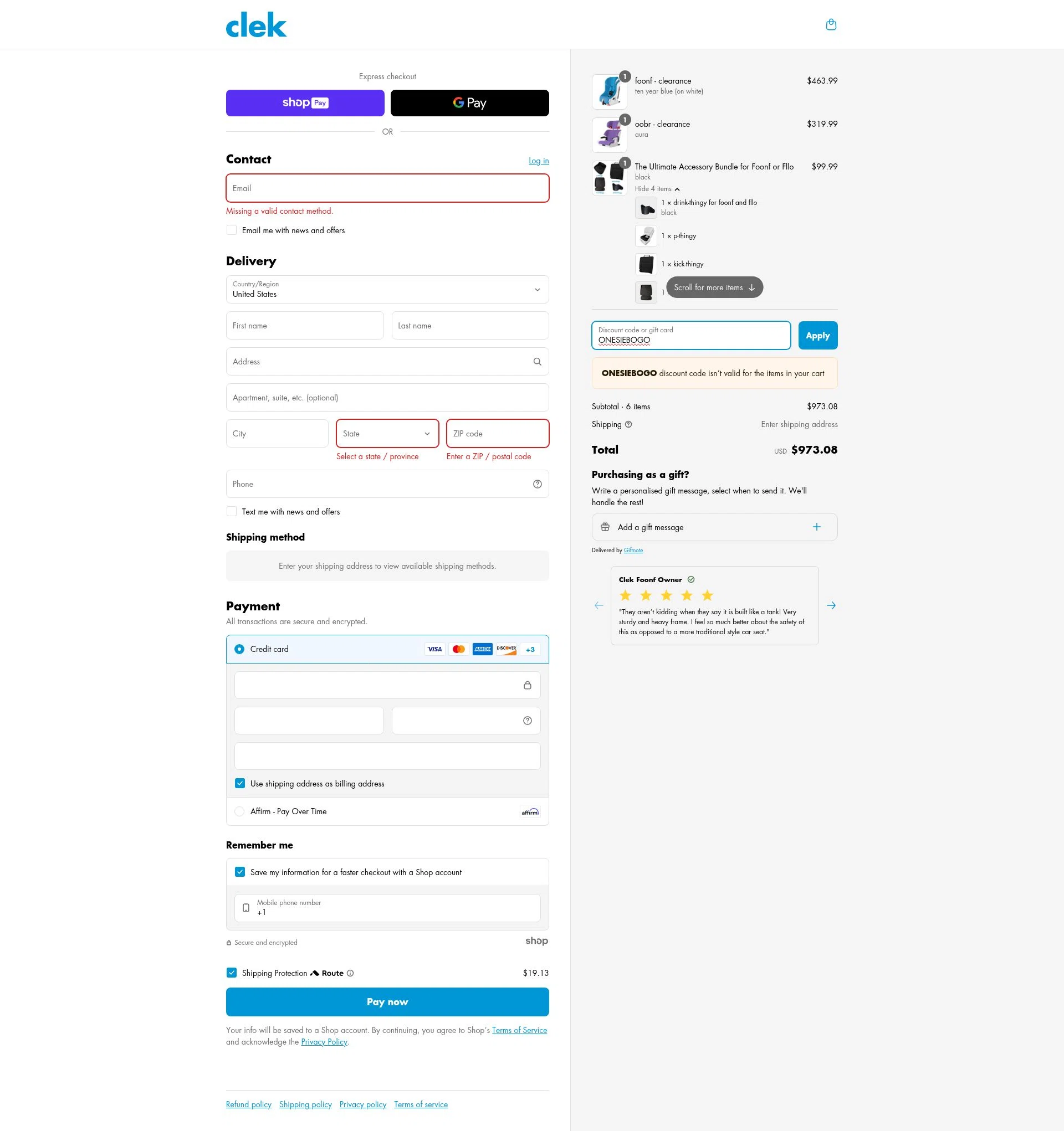 Clek checkout page showing Clek discount code box | Screenshot taken by SimplyCodes community member on Apr 19, 2025