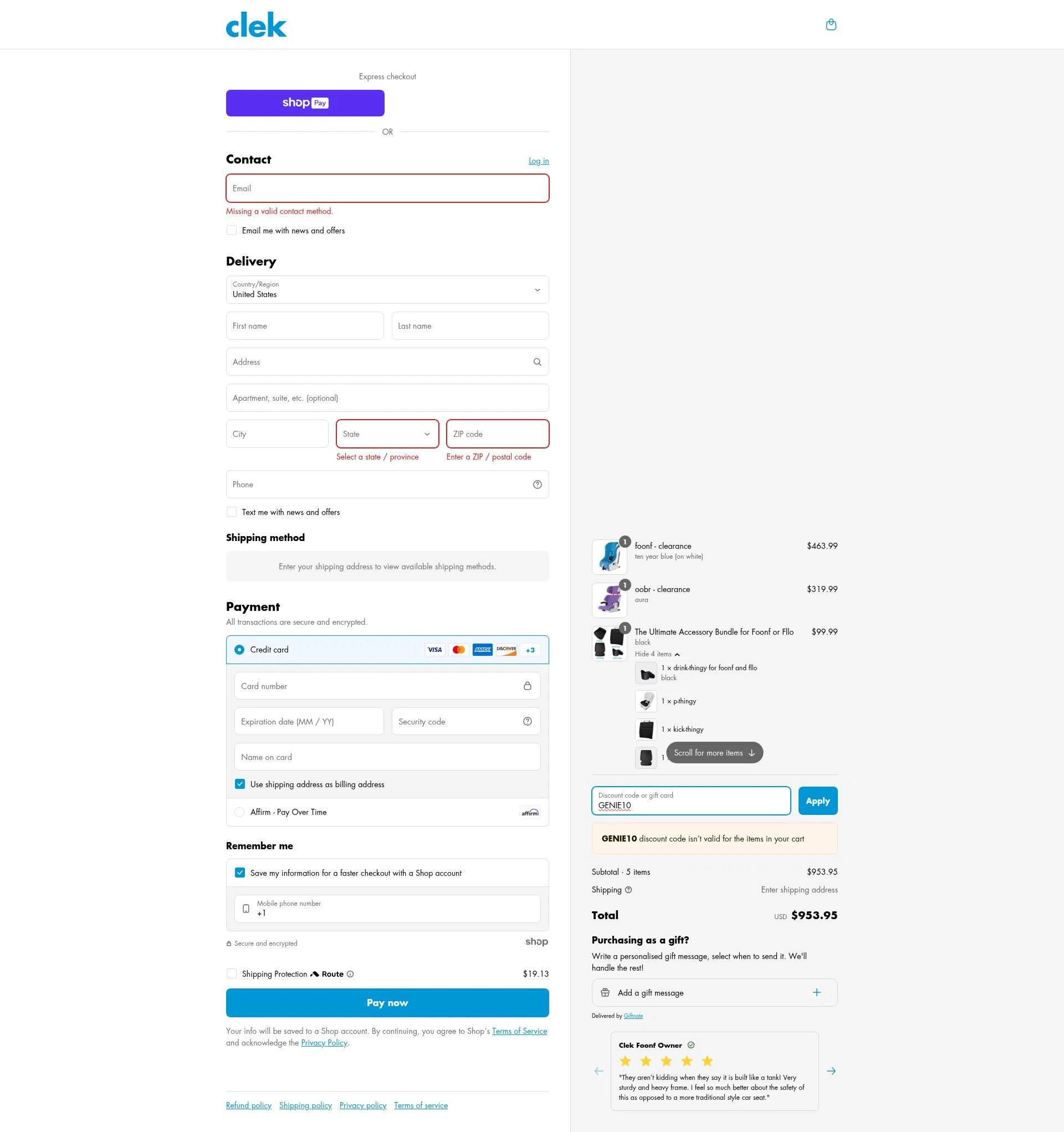 Clek checkout page showing Clek discount code box | Screenshot taken by SimplyCodes community member on Apr 19, 2025
