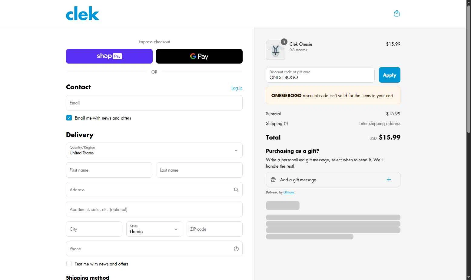 Clek checkout page showing Clek discount code box | Screenshot taken by SimplyCodes community member on May 24, 2025