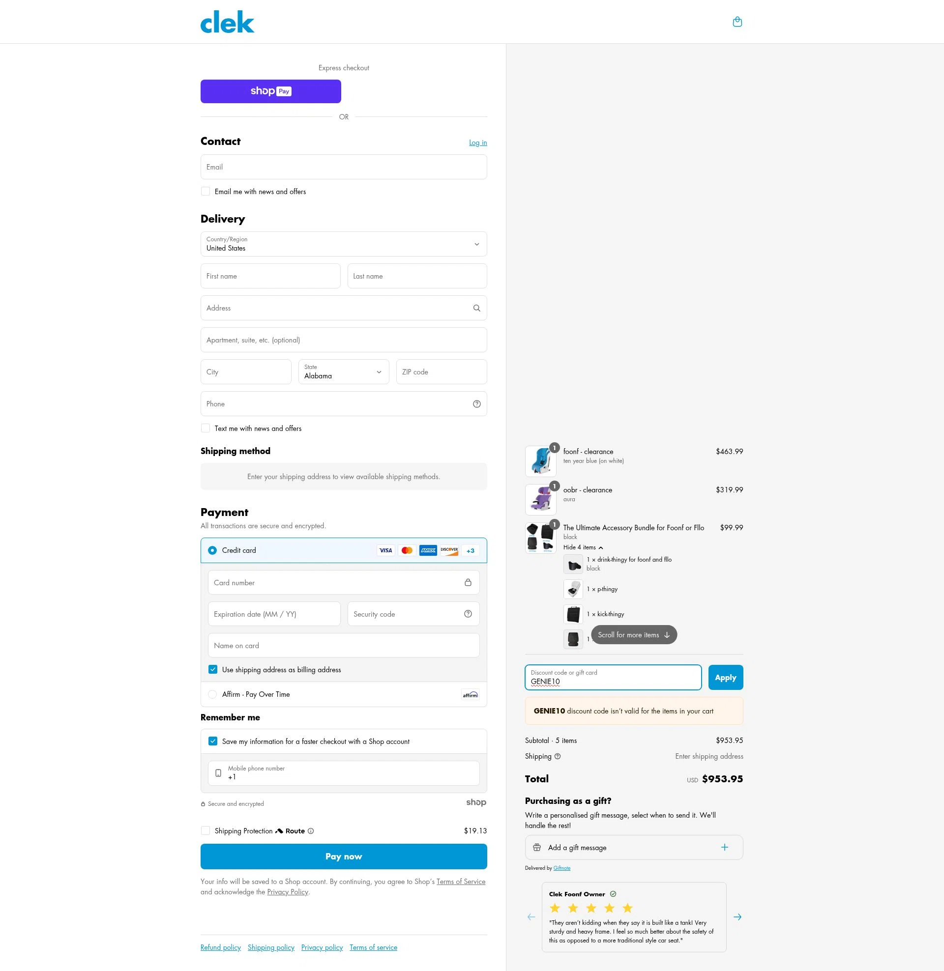Clek checkout page showing Clek discount code box | Screenshot taken by SimplyCodes community member on May 4, 2025