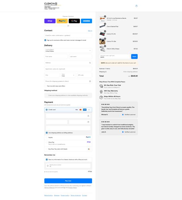 Clench Fitness checkout page showing Clench Fitness coupon code box | Screenshot taken by SimplyCodes community member on Sep 11, 2025