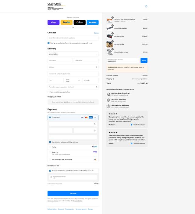 Clench Fitness checkout page showing Clench Fitness coupon code box | Screenshot taken by SimplyCodes community member on Sep 11, 2025