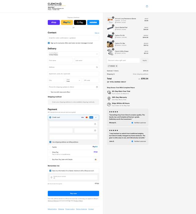 Clench Fitness checkout page showing Clench Fitness coupon code box | Screenshot taken by SimplyCodes community member on Sep 11, 2025