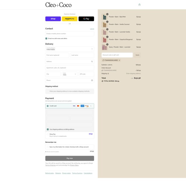 Cleo and Coco checkout page showing Cleo and Coco promo code box | Screenshot taken by SimplyCodes community member on Sep 7, 2025