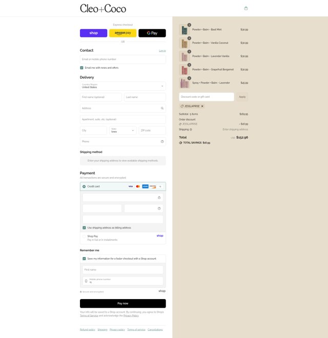 Cleo and Coco checkout page showing Cleo and Coco promo code box | Screenshot taken by SimplyCodes community member on Sep 7, 2025
