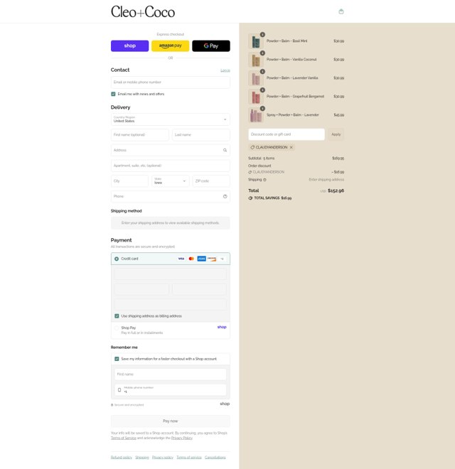 Cleo and Coco checkout page showing Cleo and Coco promo code box | Screenshot taken by SimplyCodes community member on Sep 7, 2025
