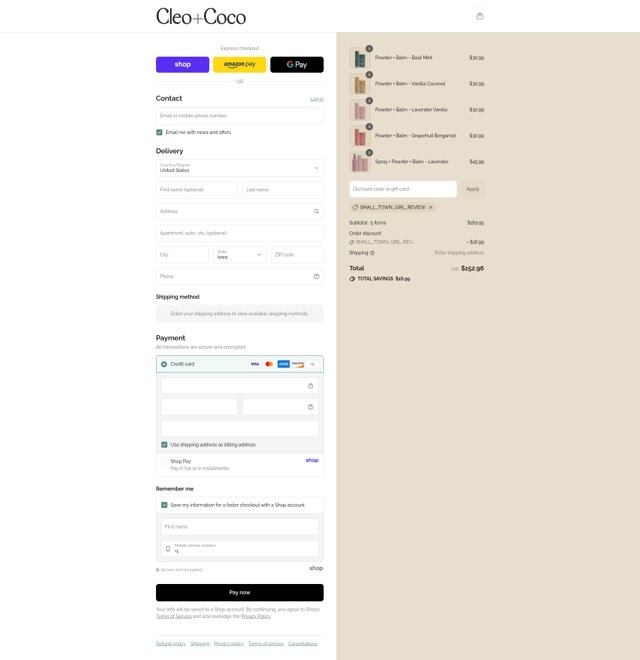 Cleo and Coco checkout page showing Cleo and Coco promo code box | Screenshot taken by SimplyCodes community member on Sep 7, 2025