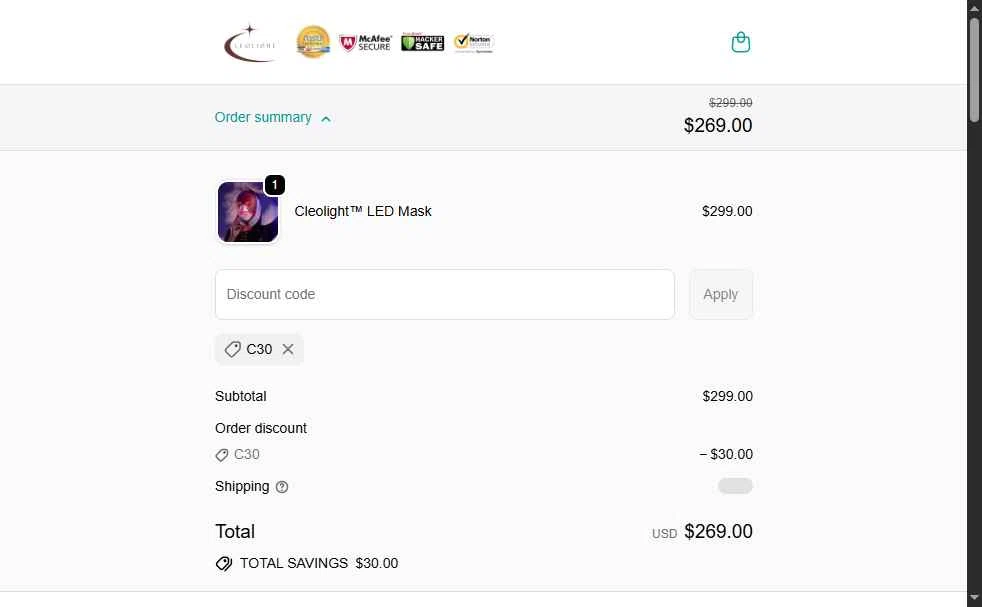 Cleopatra Mask checkout page showing Cleopatra Mask discount code box | Screenshot taken by SimplyCodes community member on Sep 19, 2025