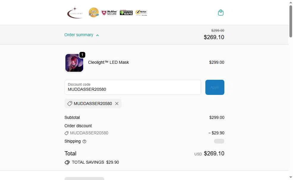 Cleopatra Mask checkout page showing Cleopatra Mask discount code box | Screenshot taken by SimplyCodes community member on Oct 28, 2025