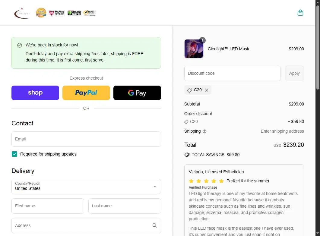 Cleopatra Mask checkout page showing Cleopatra Mask discount code box | Screenshot taken by SimplyCodes community member on Sep 17, 2025