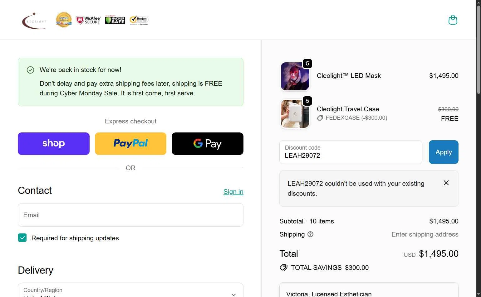 Cleopatra Mask checkout page showing Cleopatra Mask discount code box | Screenshot taken by SimplyCodes community member on Dec 13, 2025