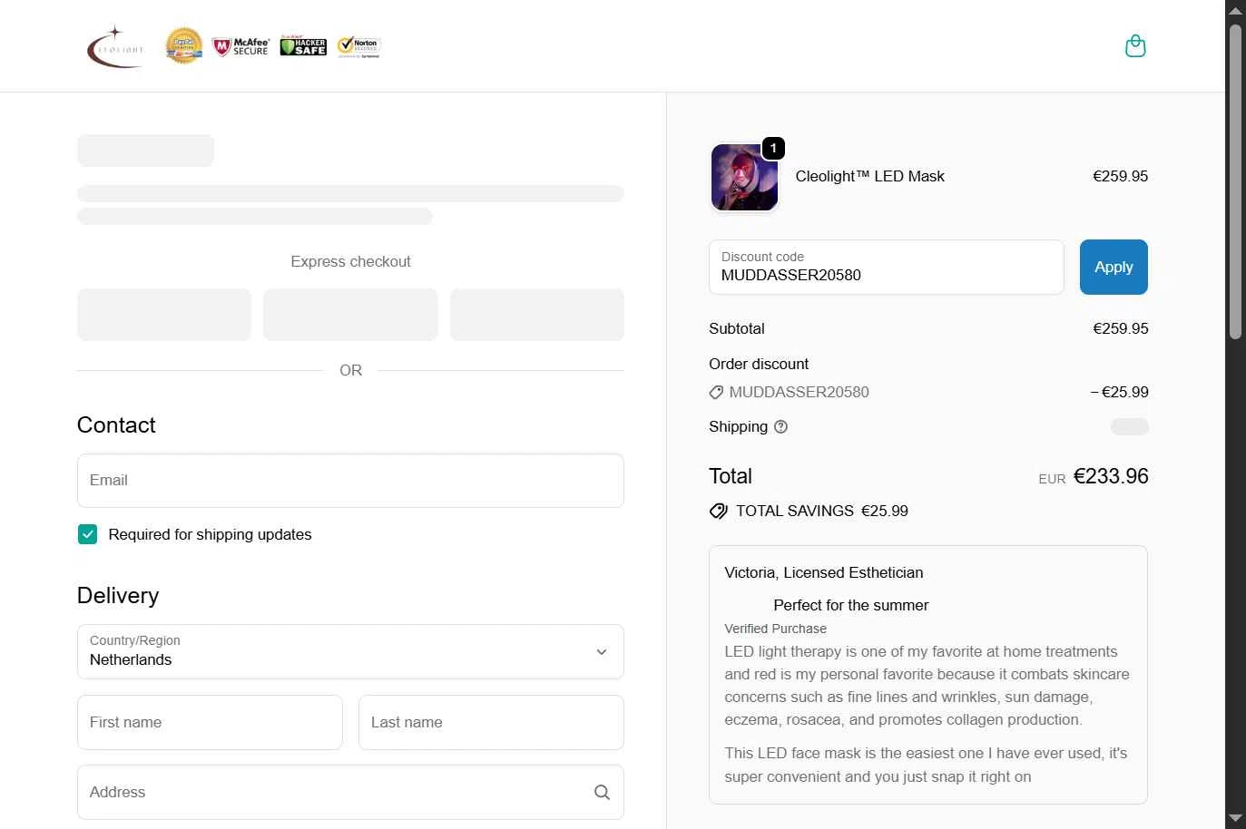 Cleopatra Mask checkout page showing Cleopatra Mask discount code box | Screenshot taken by SimplyCodes community member on Sep 29, 2025
