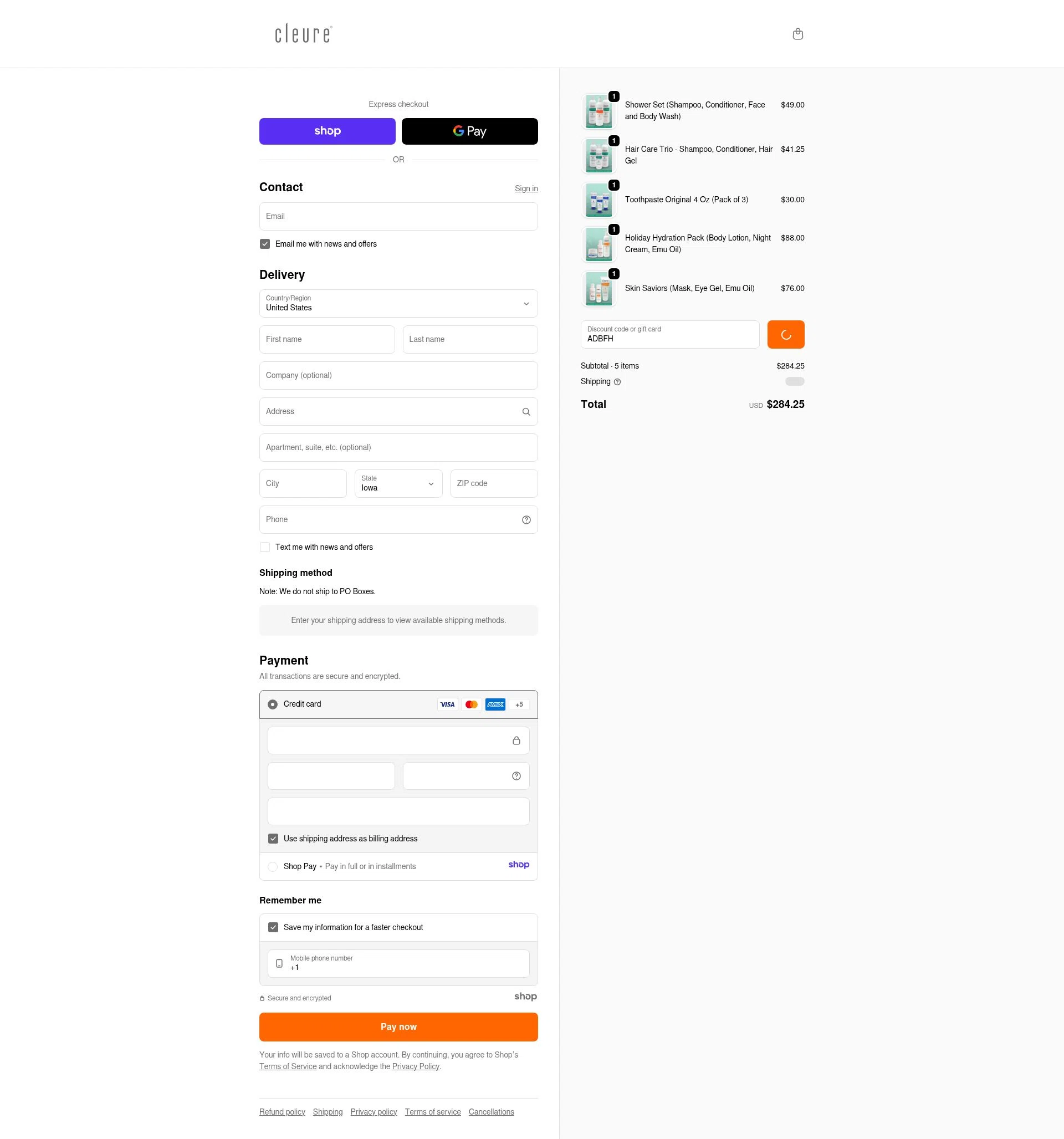Cleure checkout page showing Cleure promo code box | Screenshot taken by SimplyCodes community member on Dec 30, 2025