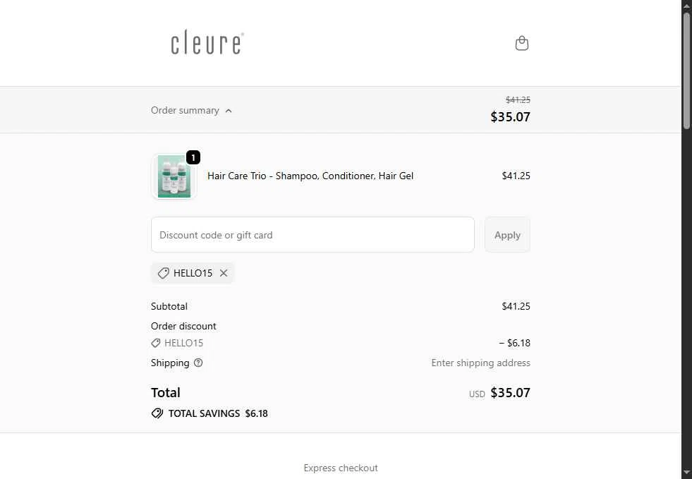 Cleure checkout page showing Cleure promo code box | Screenshot taken by SimplyCodes community member on Dec 30, 2025