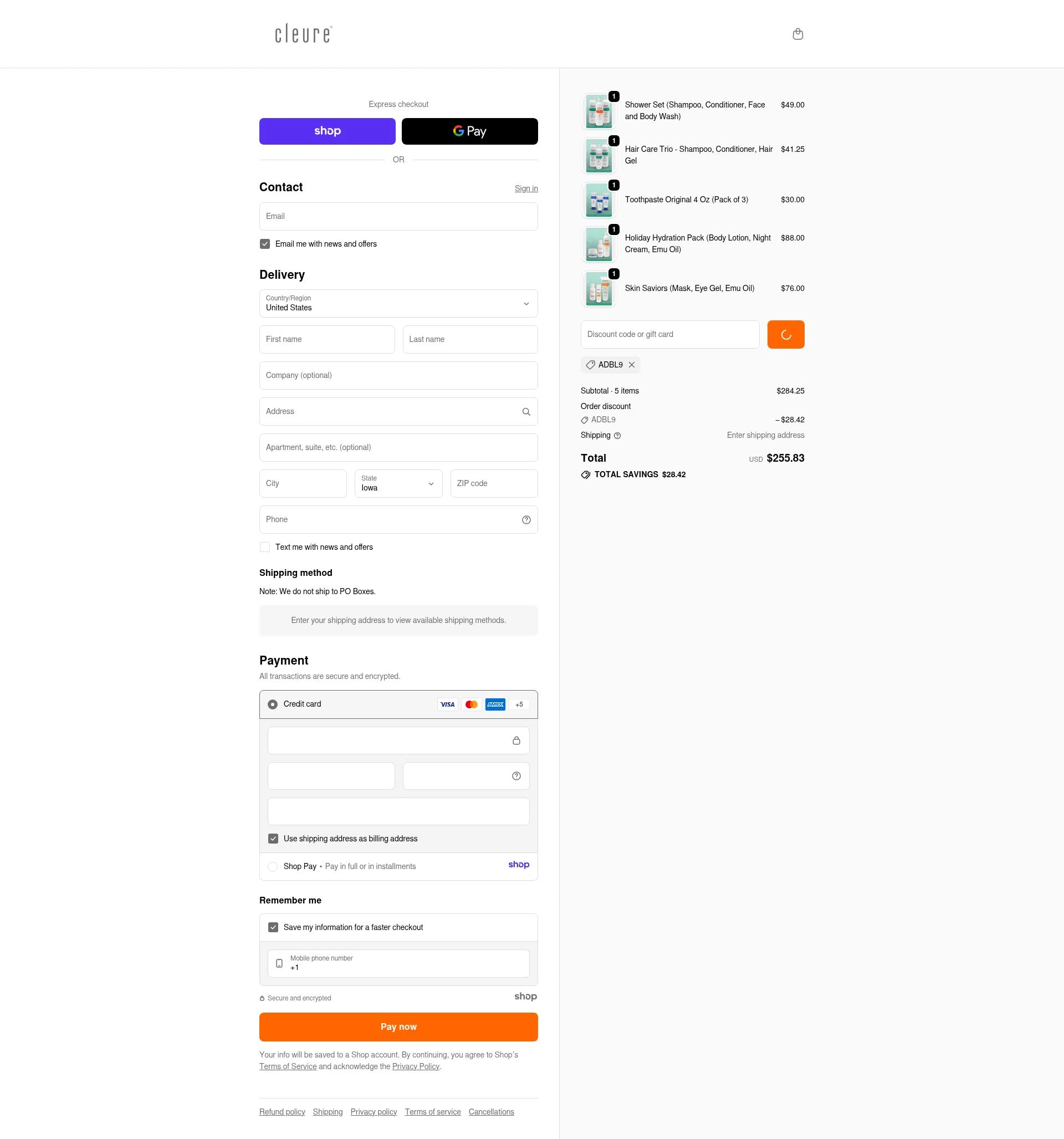 Cleure checkout page showing Cleure promo code box | Screenshot taken by SimplyCodes community member on Dec 30, 2025