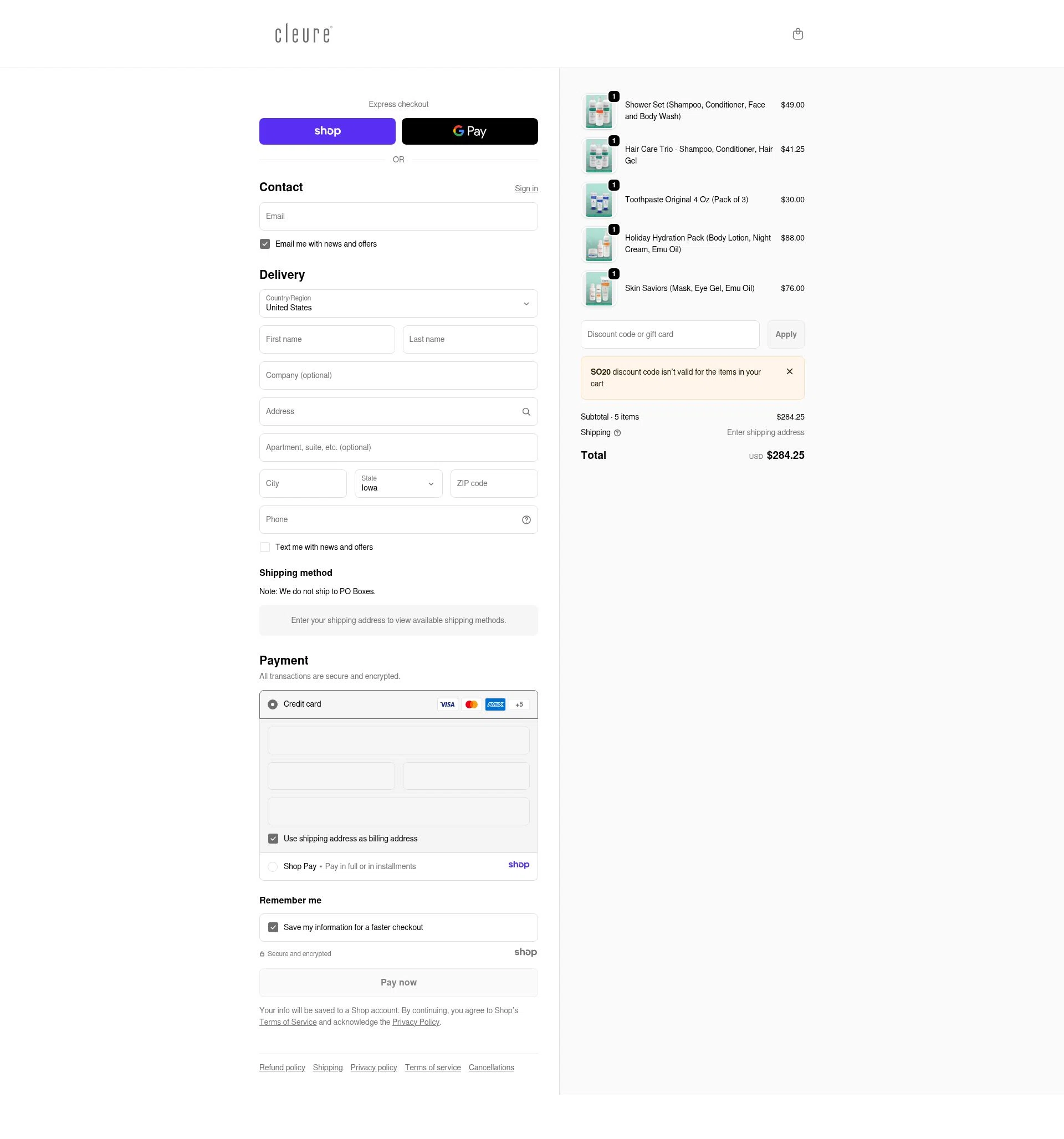 Cleure checkout page showing Cleure promo code box | Screenshot taken by SimplyCodes community member on Dec 30, 2025
