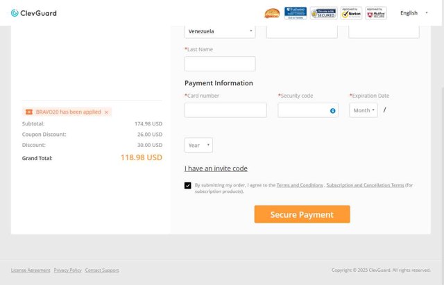 Clevguard checkout page showing Clevguard coupon code box | Screenshot taken by SimplyCodes community member on Aug 13, 2025
