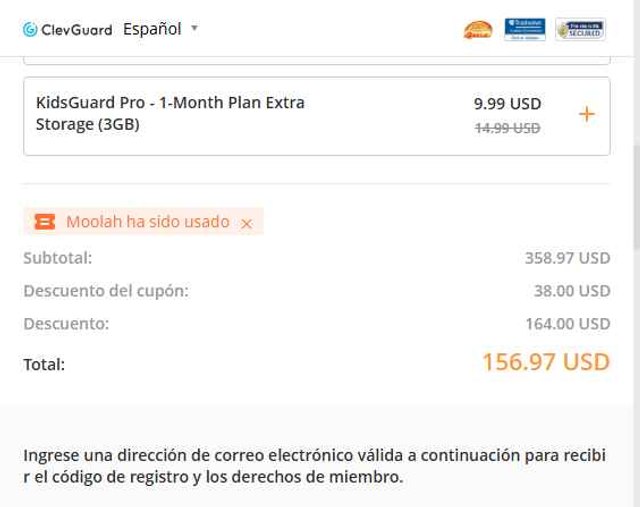 Clevguard checkout page showing Clevguard coupon code box | Screenshot taken by SimplyCodes community member on Aug 29, 2025