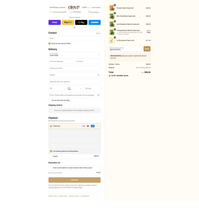 Clevr Blends checkout page showing Clevr Blends discount code box | Screenshot taken by SimplyCodes community member on Sep 14, 2025