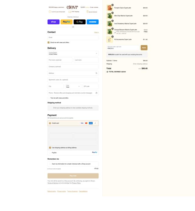 Clevr Blends checkout page showing Clevr Blends discount code box | Screenshot taken by SimplyCodes community member on Sep 14, 2025
