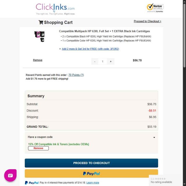 ClickInks checkout page showing ClickInks promo code box | Screenshot taken by SimplyCodes community member on Aug 27, 2025