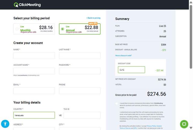 ClickMeeting checkout page showing ClickMeeting promo code box | Screenshot taken by SimplyCodes community member on Aug 12, 2025