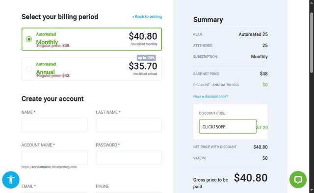 ClickMeeting checkout page showing ClickMeeting promo code box | Screenshot taken by SimplyCodes community member on Jul 21, 2025