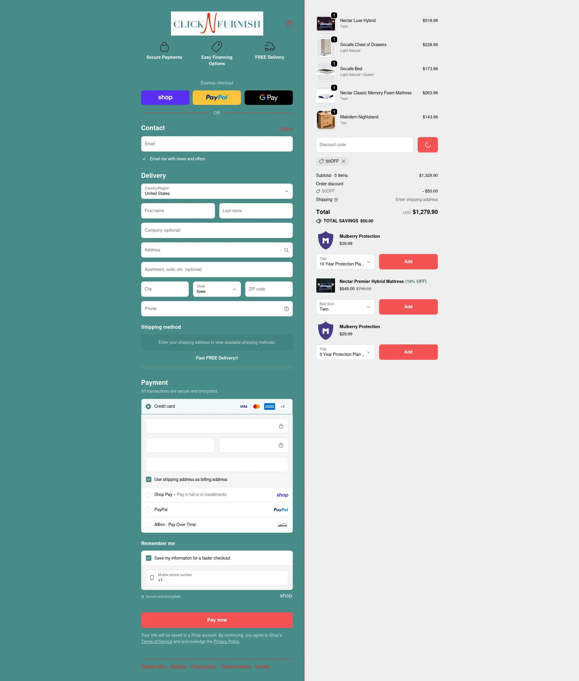 Click N Furnish checkout page showing Click N Furnish discount code box | Screenshot taken by SimplyCodes community member on Jan 22, 2026