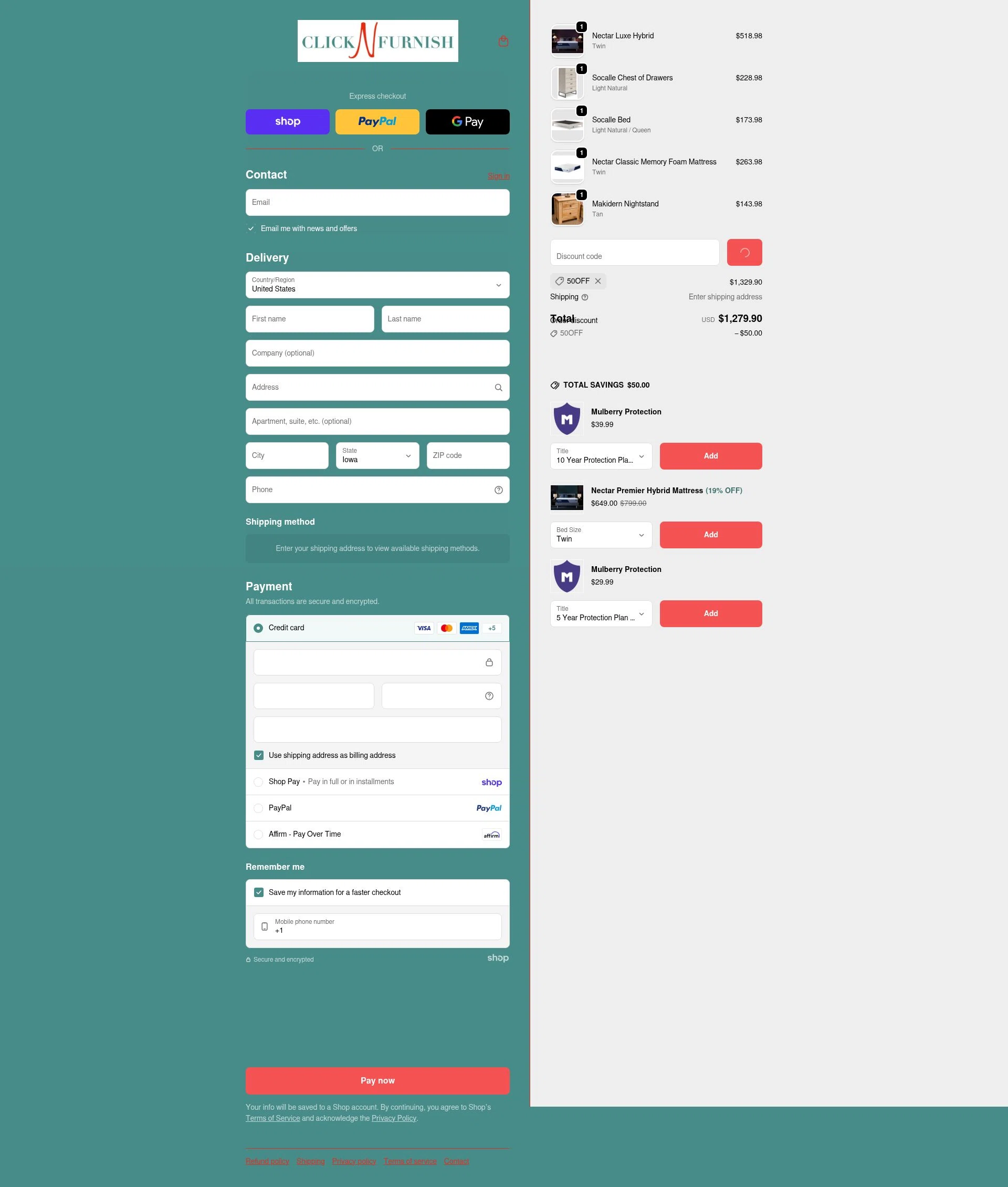 Click N Furnish checkout page showing Click N Furnish discount code box | Screenshot taken by SimplyCodes community member on Jan 26, 2026