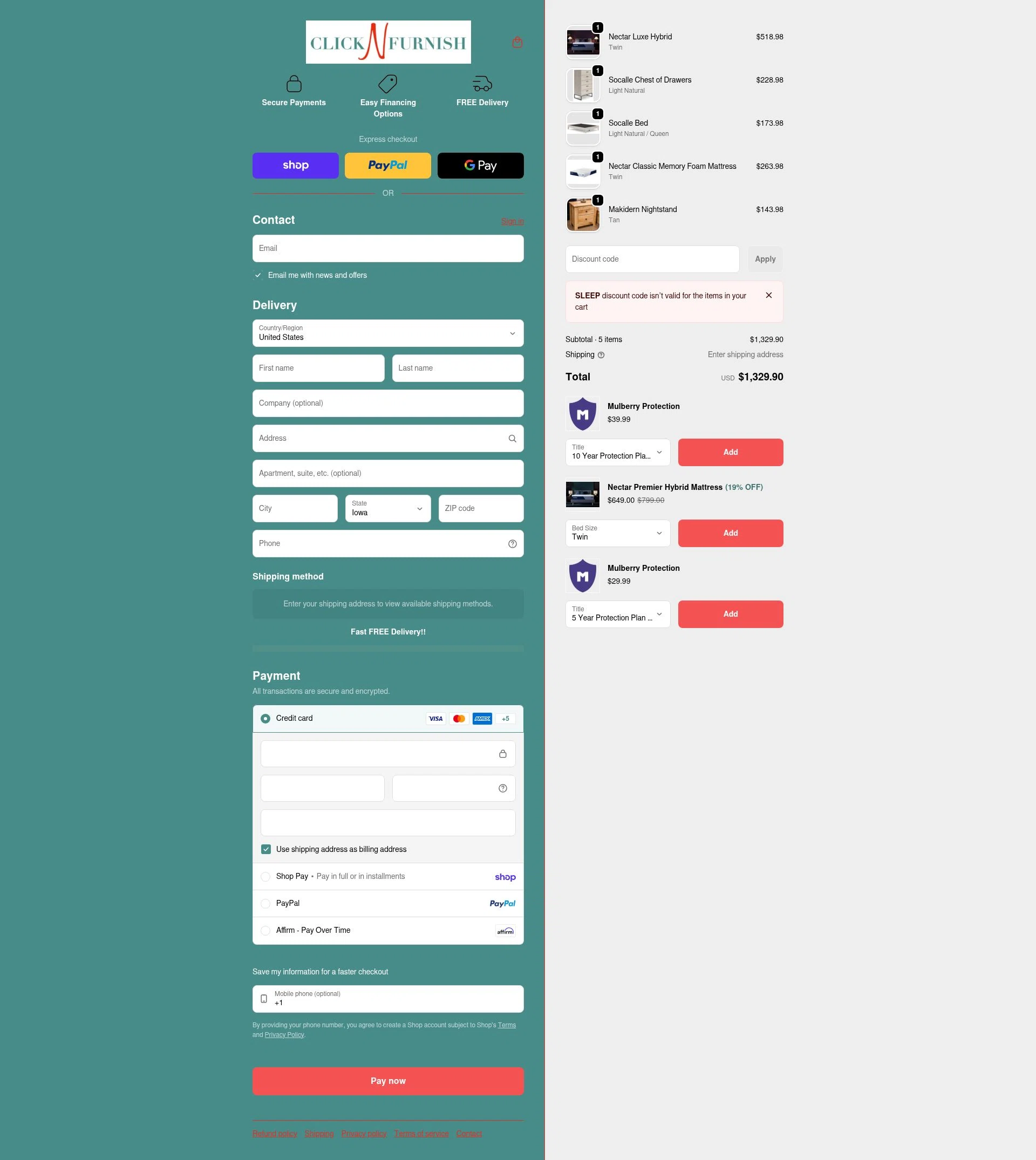 Click N Furnish checkout page showing Click N Furnish discount code box | Screenshot taken by SimplyCodes community member on Feb 4, 2026