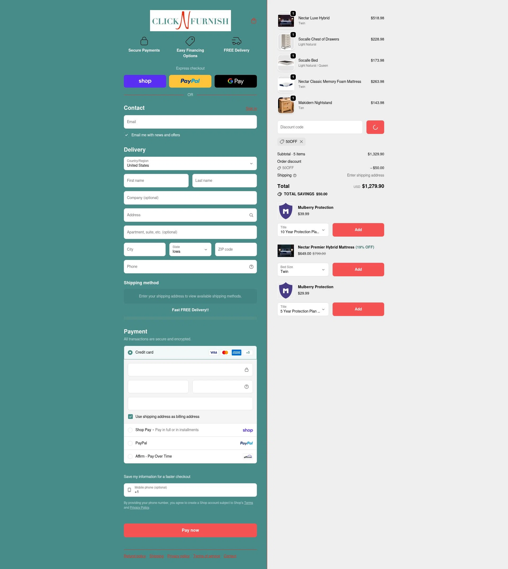 Click N Furnish checkout page showing Click N Furnish discount code box | Screenshot taken by SimplyCodes community member on Feb 4, 2026
