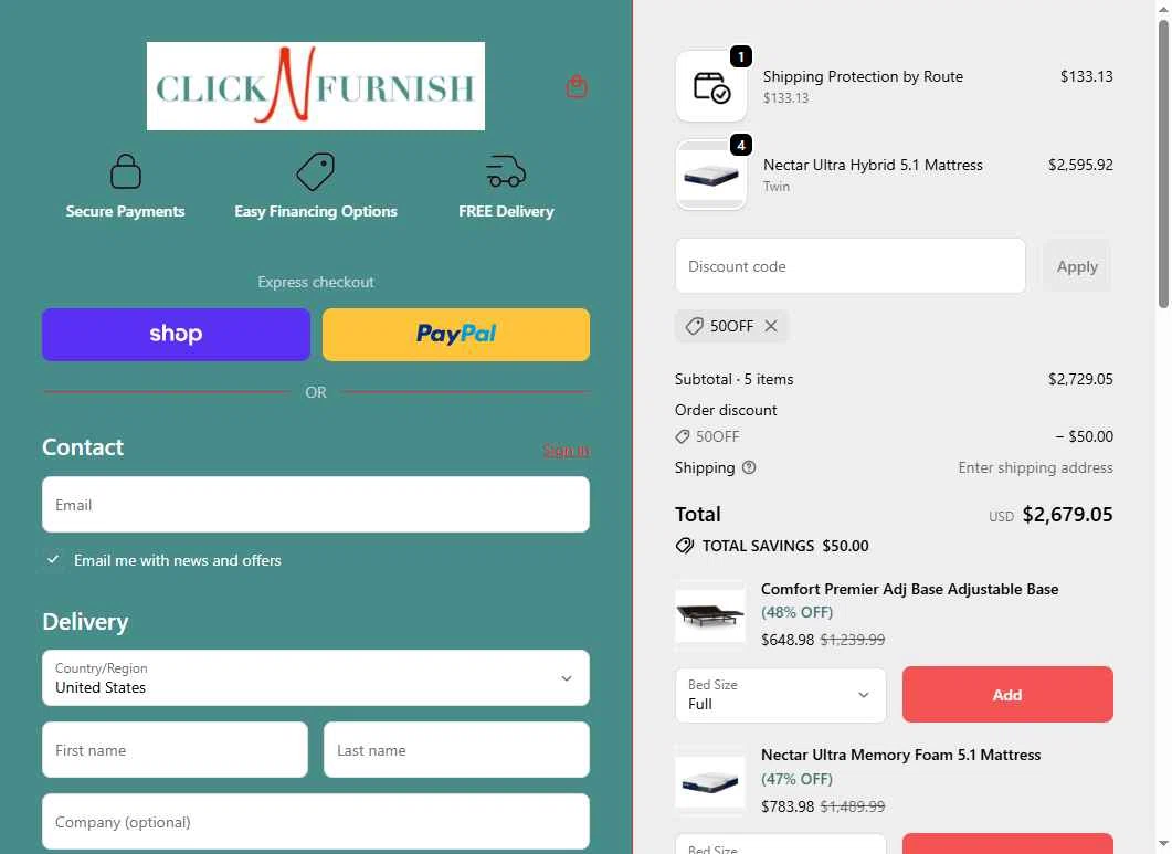 Click N Furnish checkout page showing Click N Furnish discount code box | Screenshot taken by SimplyCodes community member on Jan 17, 2026