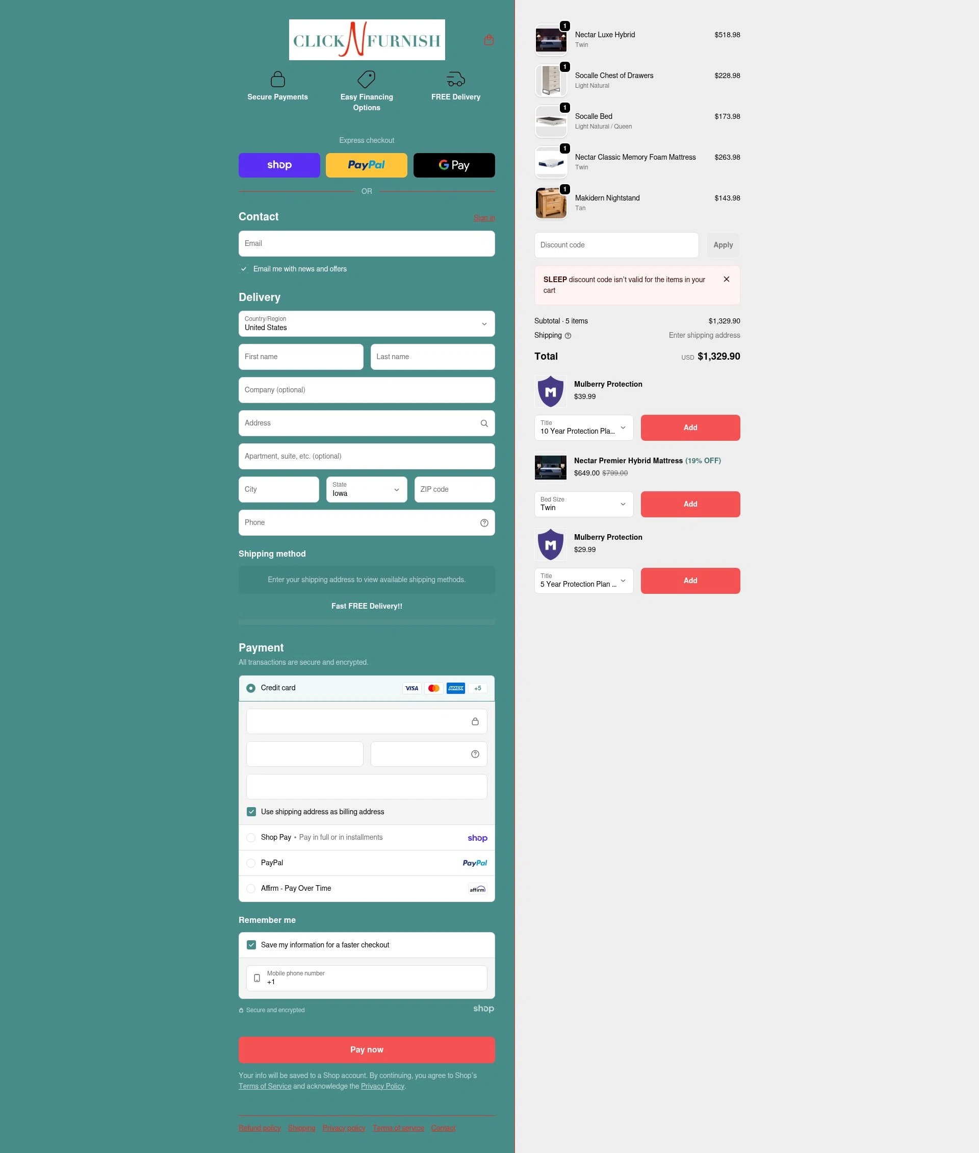 Click N Furnish checkout page showing Click N Furnish discount code box | Screenshot taken by SimplyCodes community member on Jan 22, 2026