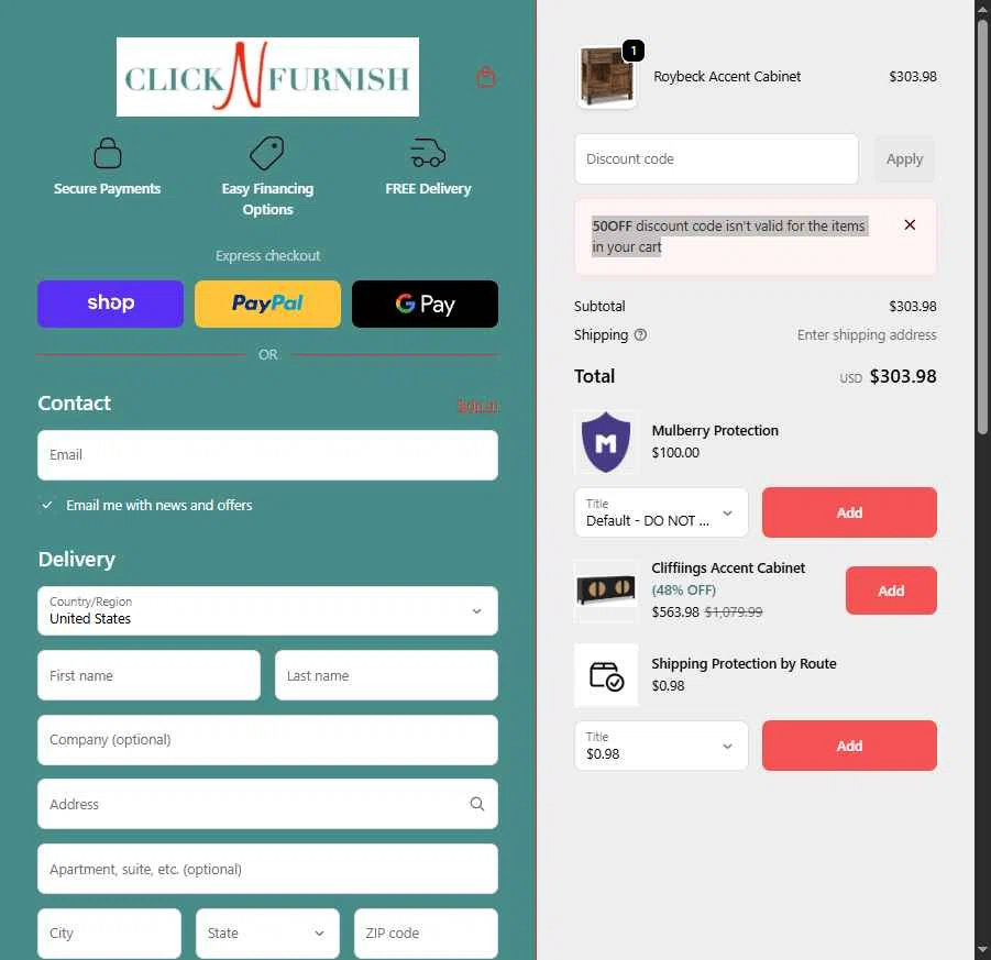 Click N Furnish checkout page showing Click N Furnish discount code box | Screenshot taken by SimplyCodes community member on Feb 6, 2026