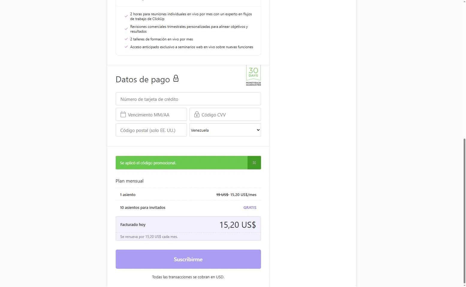 ClickUp checkout page showing ClickUp promo code box | Screenshot taken by SimplyCodes community member on Apr 20, 2025